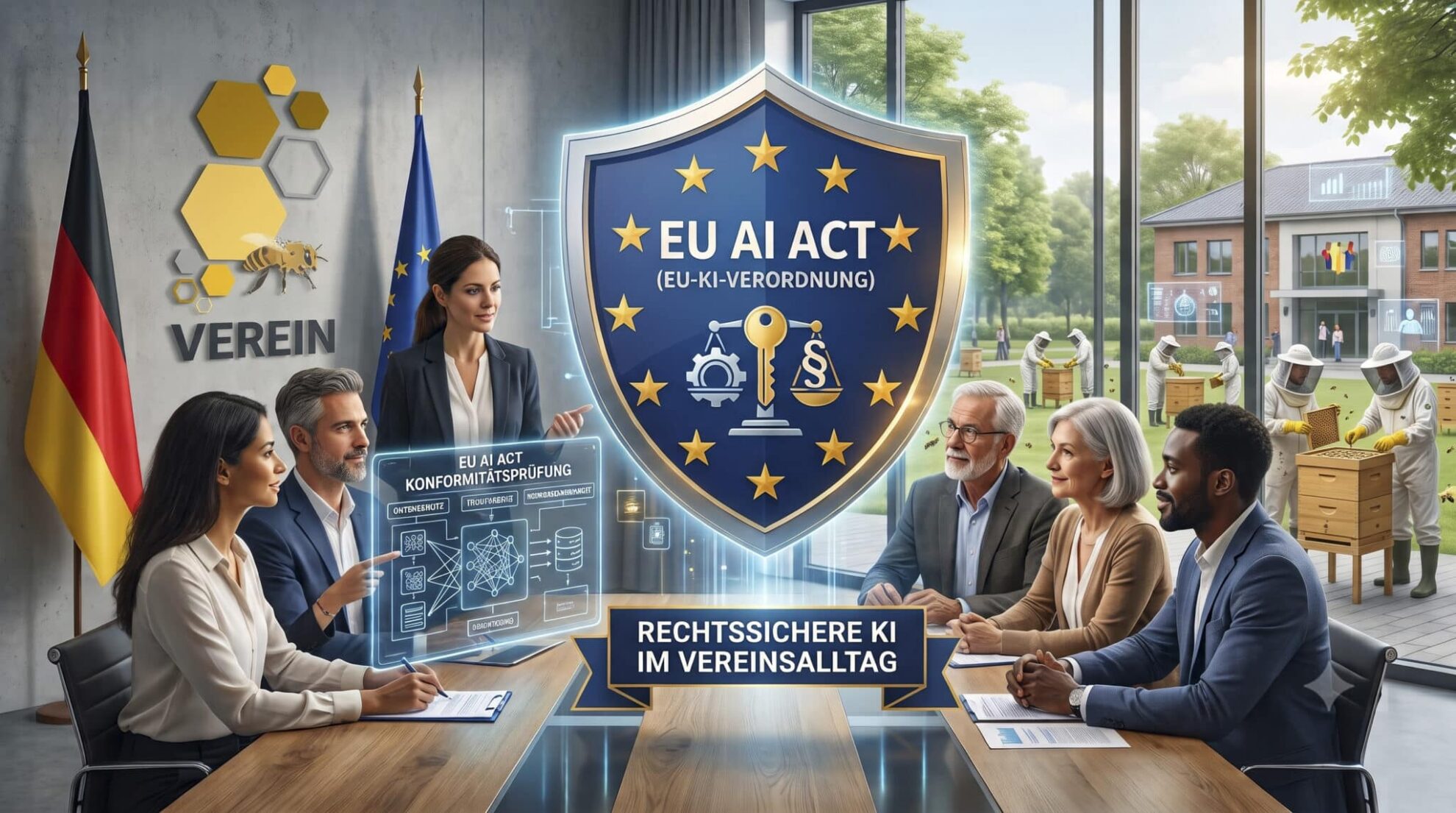 Vorstandsmitglieder an einem Konferenztisch bei einer Präsentation zum EU AI Act, im Hintergrund ein Garten mit Imkern an Bienenstöcken.