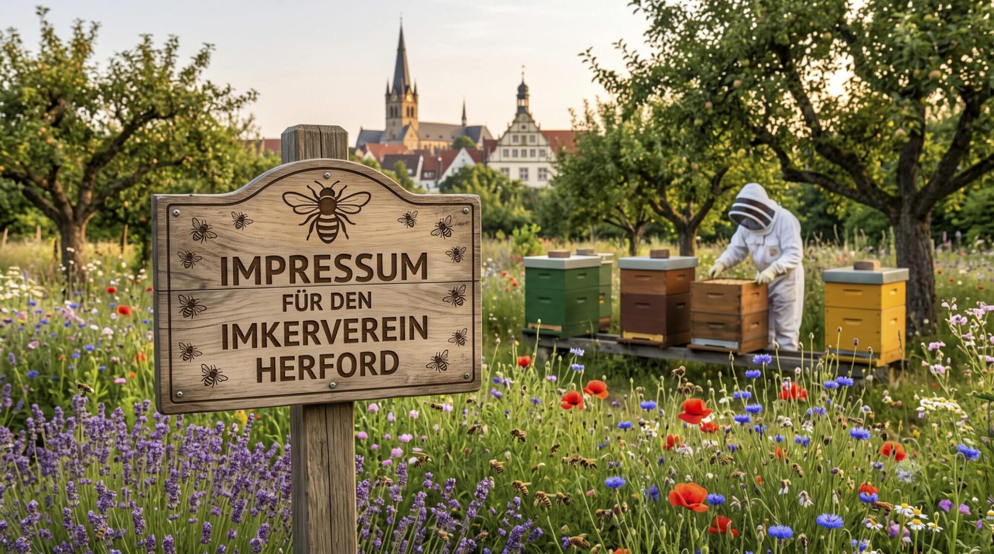 Ein graviertes Holzschild mit der Aufschrift 'Impressum für den Imkerverein Herford' und Bienenmotiven, platziert vor Bienenstöcken in einer blühenden Landschaft mit Herforder Stadtsilhouette. KI-Generierung.