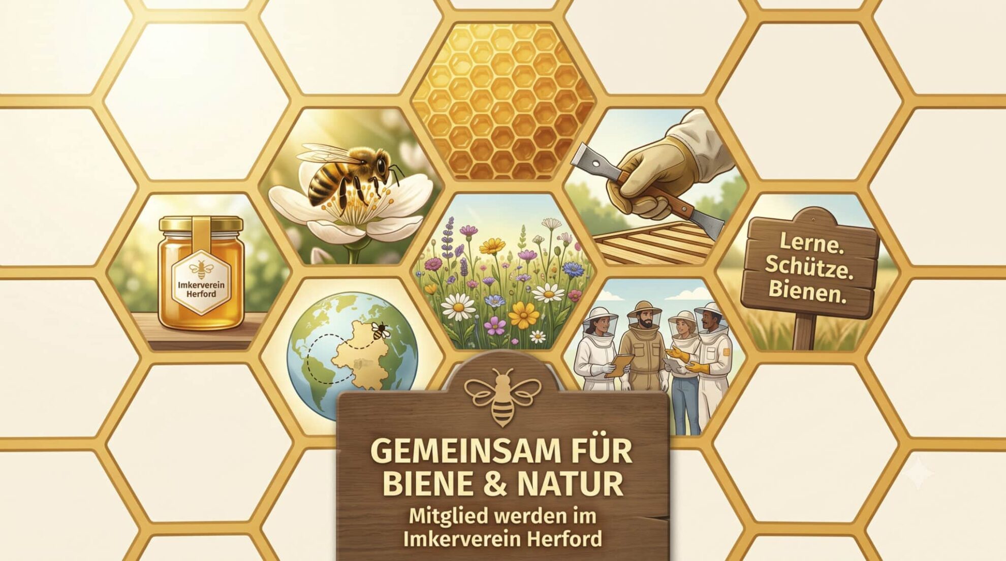Grafik in Wabenoptik zur Mitgliedschaft im Imkerverein Herford mit dem Slogan „Gemeinsam für Biene & Natur“ sowie Motiven zu Imkerei, Bienenweide und Gemeinschaft.