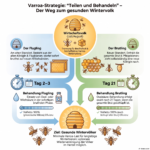 Infografik zur Varroa-Bekämpfungsmethode „Teilen und Behandeln“ bei Honigbienen. Das Diagramm zeigt die Aufteilung eines Wirtschaftsvolks in Flugling und Brutling im Juli/August sowie die jeweiligen Behandlungszeiten an Tag 2–3 und Tag 21 für ein gesundes Wintervolk.