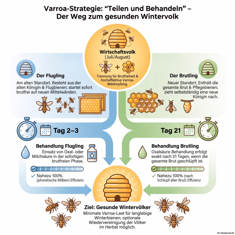 Infografik zur Varroa-Bekämpfungsmethode „Teilen und Behandeln“ bei Honigbienen. Das Diagramm zeigt die Aufteilung eines Wirtschaftsvolks in Flugling und Brutling im Juli/August sowie die jeweiligen Behandlungszeiten an Tag 2–3 und Tag 21 für ein gesundes Wintervolk.