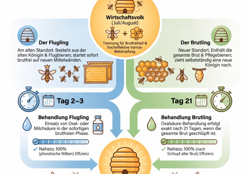 Infografik zur Varroa-Bekämpfungsmethode „Teilen und Behandeln“ bei Honigbienen. Das Diagramm zeigt die Aufteilung eines Wirtschaftsvolks in Flugling und Brutling im Juli/August sowie die jeweiligen Behandlungszeiten an Tag 2–3 und Tag 21 für ein gesundes Wintervolk.