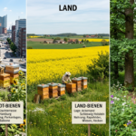 Dreiteilige Infografik zum Vergleich von Bienenstandorten: Urban Beekeeping auf einer Hamburger Dachterrasse, Land-Bienen am Rapsfeld und Wald-Bienen am Waldrand mit Imkern bei der Durchsicht der Bienenstöcke