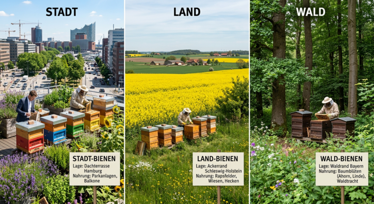 Dreiteilige Infografik zum Vergleich von Bienenstandorten: Urban Beekeeping auf einer Hamburger Dachterrasse, Land-Bienen am Rapsfeld und Wald-Bienen am Waldrand mit Imkern bei der Durchsicht der Bienenstöcke