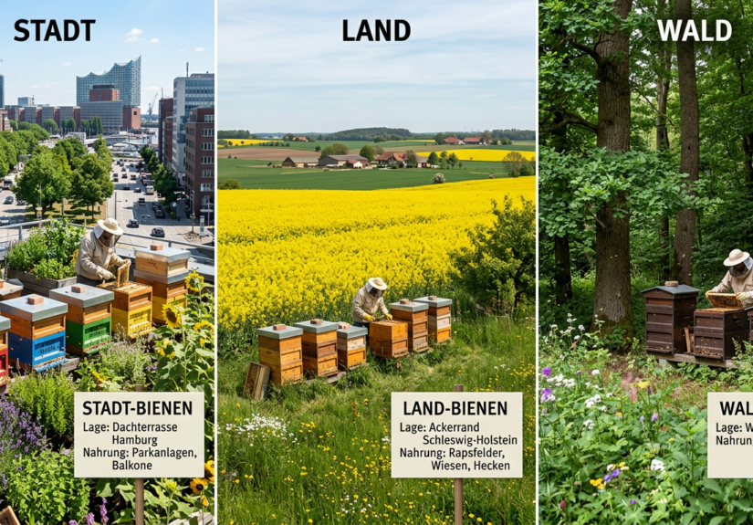 Dreiteilige Infografik zum Vergleich von Bienenstandorten: Urban Beekeeping auf einer Hamburger Dachterrasse, Land-Bienen am Rapsfeld und Wald-Bienen am Waldrand mit Imkern bei der Durchsicht der Bienenstöcke