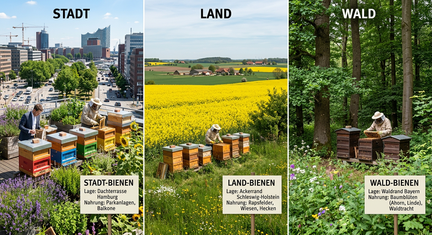 Bienenstandort 2027 im Vergleich: Stadt, Land oder Wald – wo stehen Völker wirklich besser? 1 Dreiteilige Infografik zum Vergleich von Bienenstandorten: Urban Beekeeping auf einer Hamburger Dachterrasse, Land-Bienen am Rapsfeld und Wald-Bienen am Waldrand mit Imkern bei der Durchsicht der Bienenstöcke