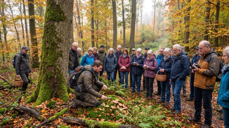 Ein Naturführer kniet im herbstlichen Laubwald vor Wildpilzen und erklärt einer Gruppe aufmerksamer Teilnehmer mit Pilzkörben die Bestimmungsmerkmale.