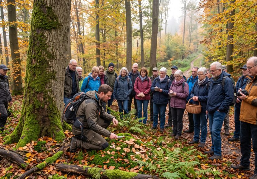 Ein Naturführer kniet im herbstlichen Laubwald vor Wildpilzen und erklärt einer Gruppe aufmerksamer Teilnehmer mit Pilzkörben die Bestimmungsmerkmale.